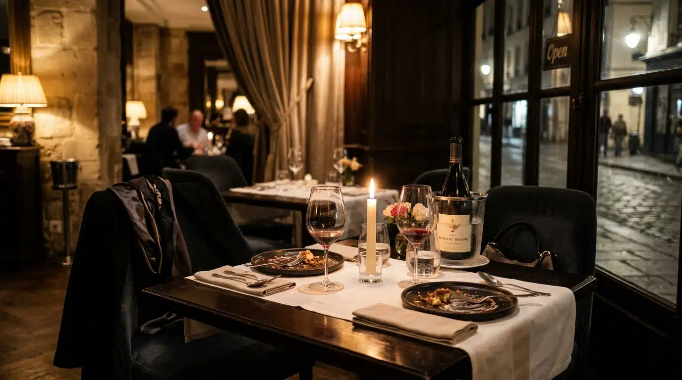 Table de restaurant parisien après l'émission, théâtre des dîners d'après-show