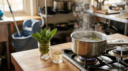Casserole de feuilles de laurier et verre de vinaigre blanc