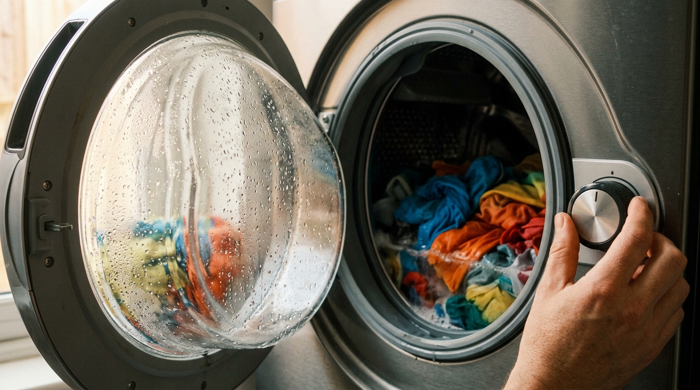 Hublot de lave-linge embué avec linge coloré