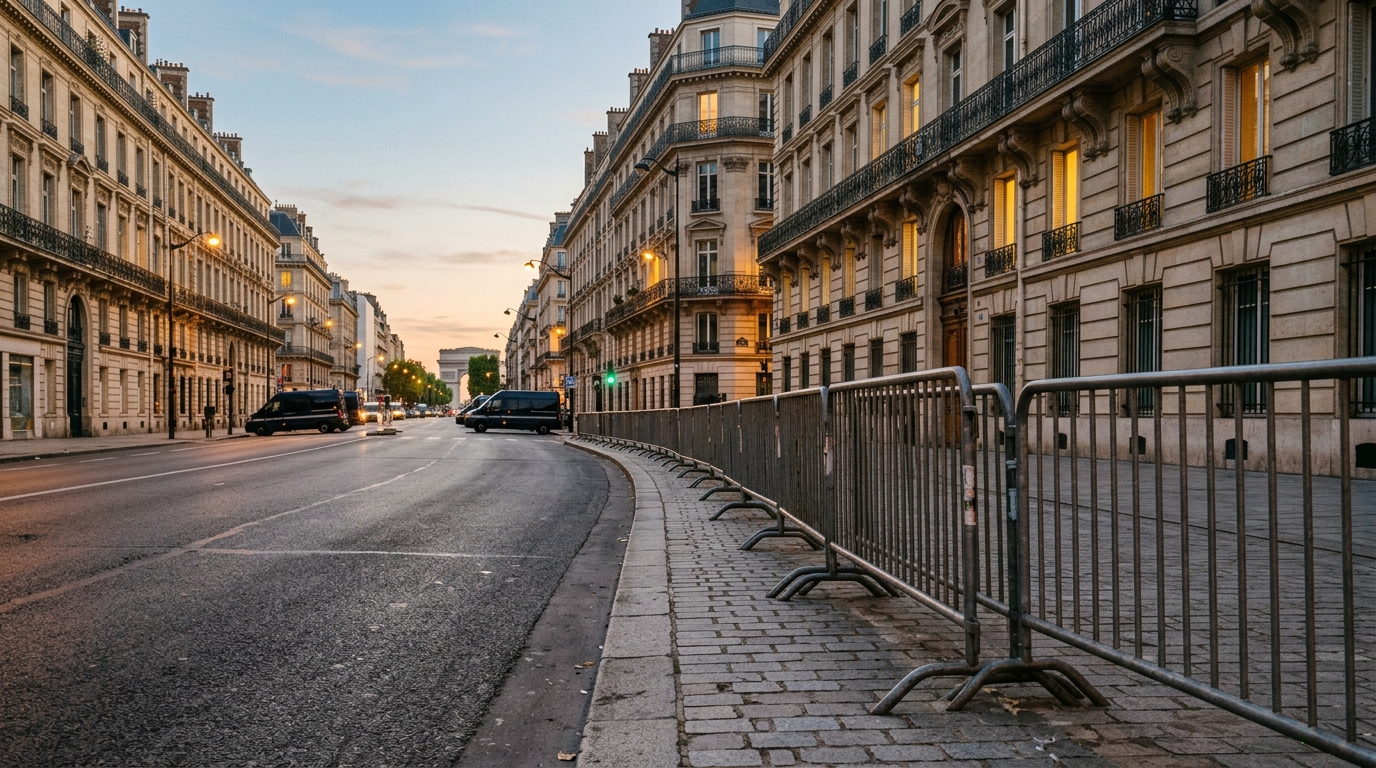 Barrières métalliques sur un boulevard parisien au crépuscule