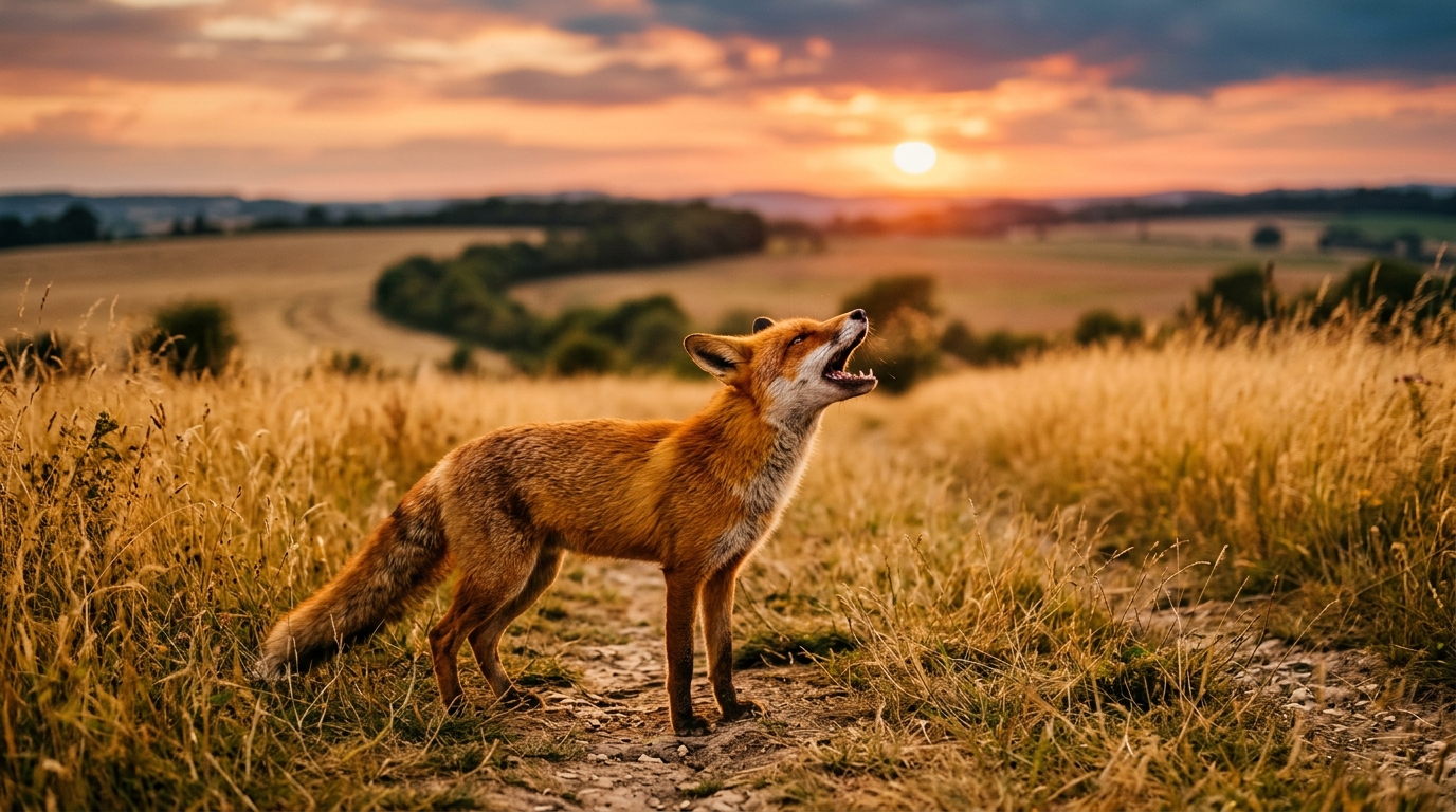 Renard qui glapit dans un champ au crépuscule