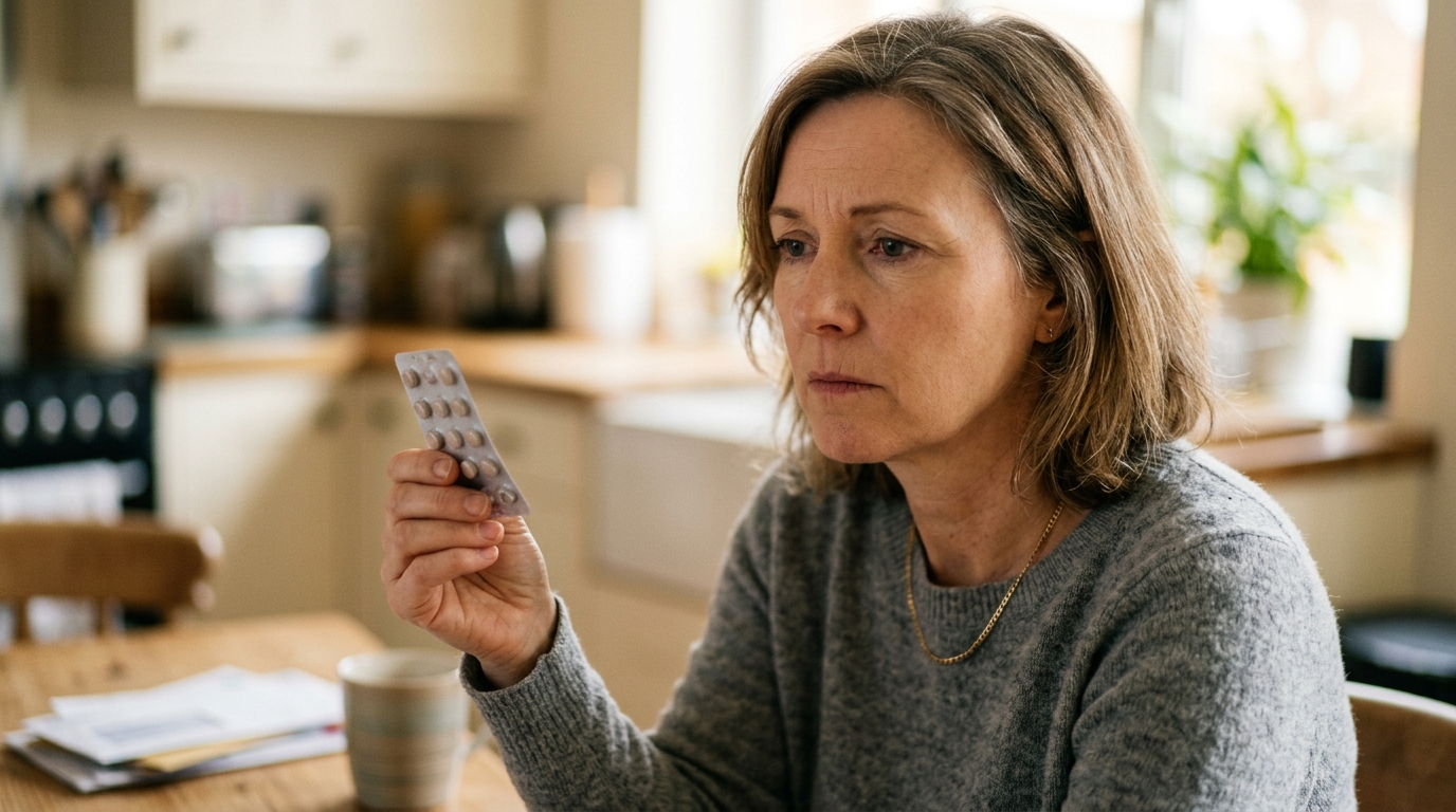 Femme pensive tenant une plaquette de pilules