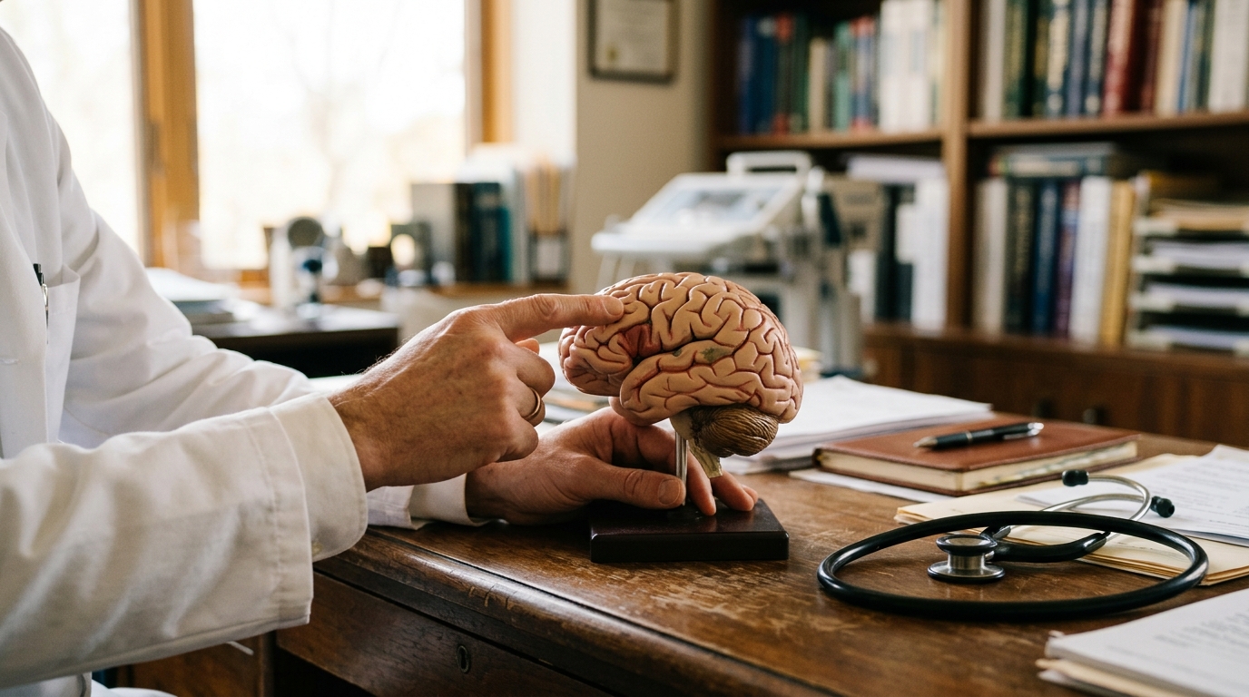 Mains de médecin désignant un modèle de cerveau