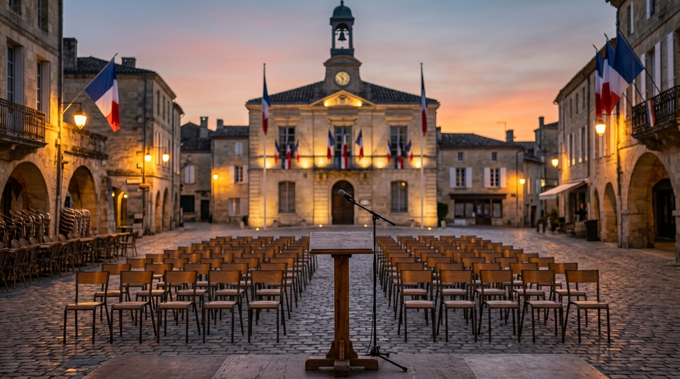 Place de village française au crépuscule, drapeaux tricolores et micro prêt pour un rassemblement politique