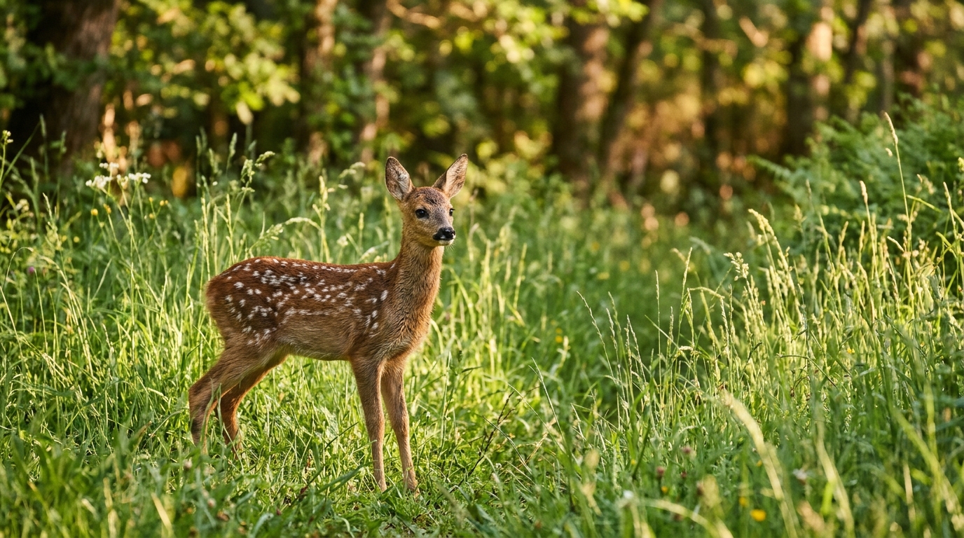Faon de chevreuil dans l'herbe en lisière de forêt