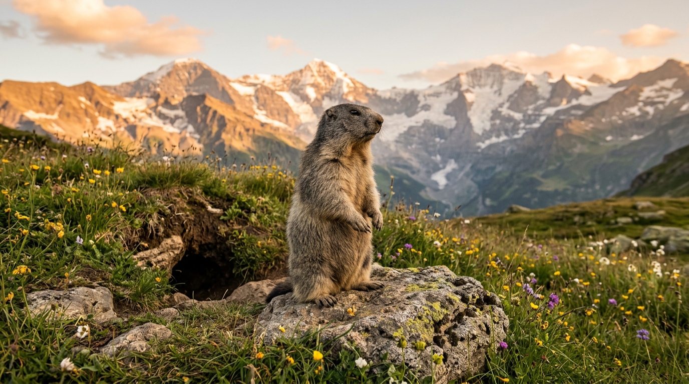 Marmotte dressée sur un rocher devant son terrier