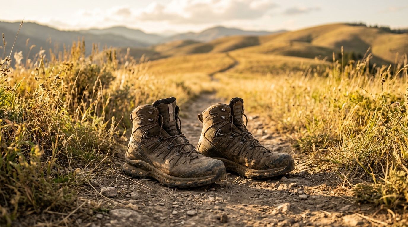 Chaussures de randonnée sur un chemin de campagne ensoleillé