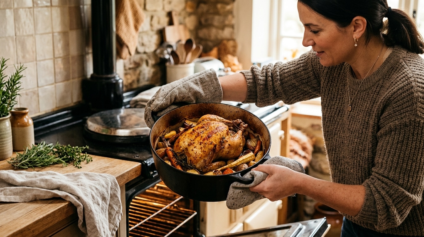 Mains sortant une cocotte en fonte du four