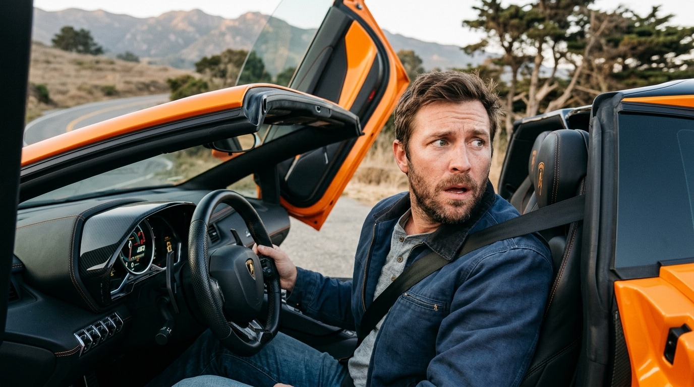 Homme inquiet au volant d'une supercar orange aux portes relevées