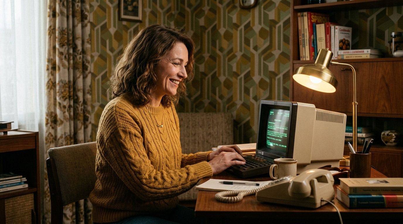 Femme tapant sur un Minitel dans un salon de 1985