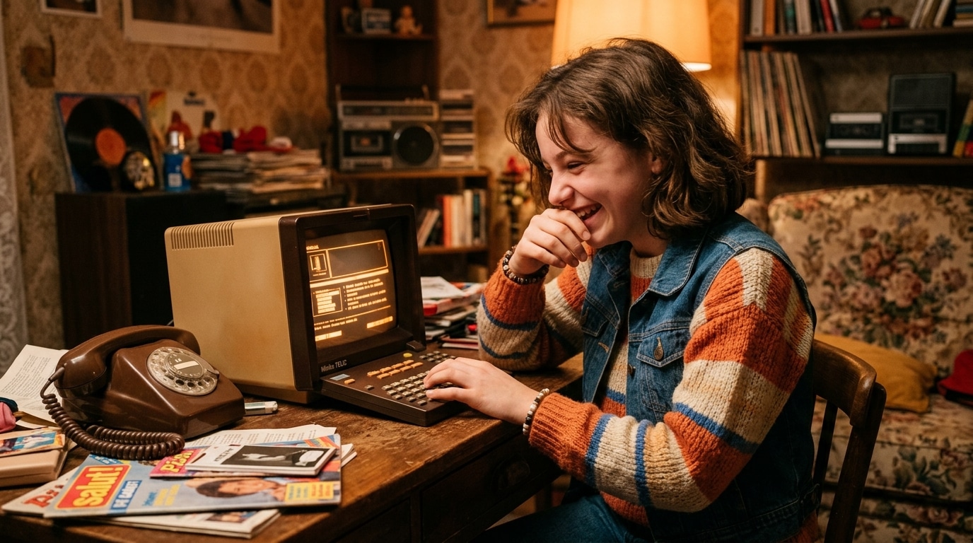 Adolescent riant devant un Minitel dans les années 80