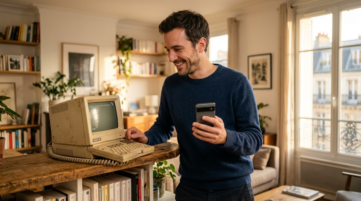 Homme comparant un smartphone et un vieux Minitel
