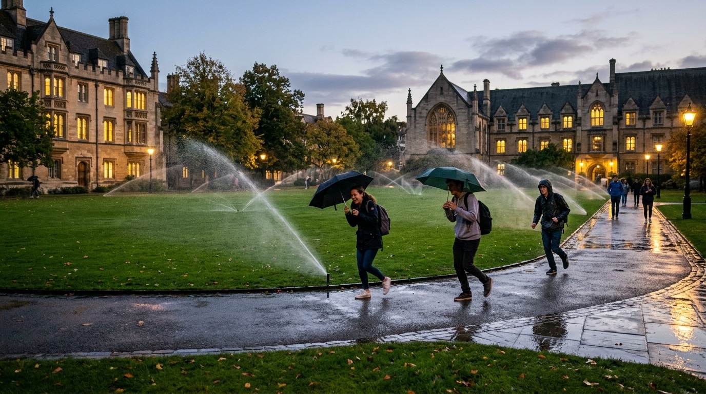 Campus universitaire arrosé par des jets d'eau au crépuscule