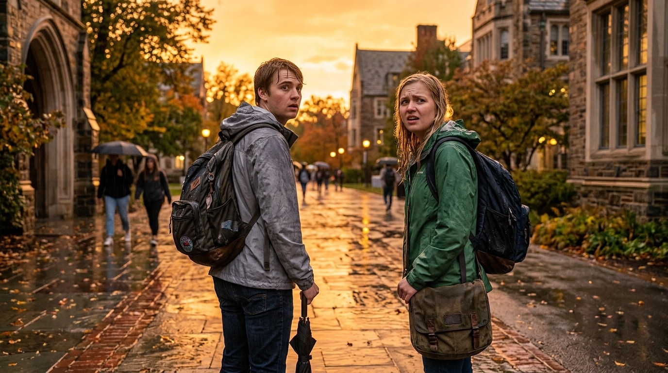 Étudiants perplexes sur un chemin de campus trempé