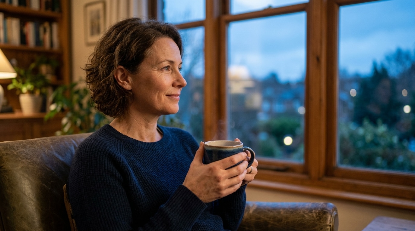 Personne sereine seule près d'une fenêtre avec une tasse de thé