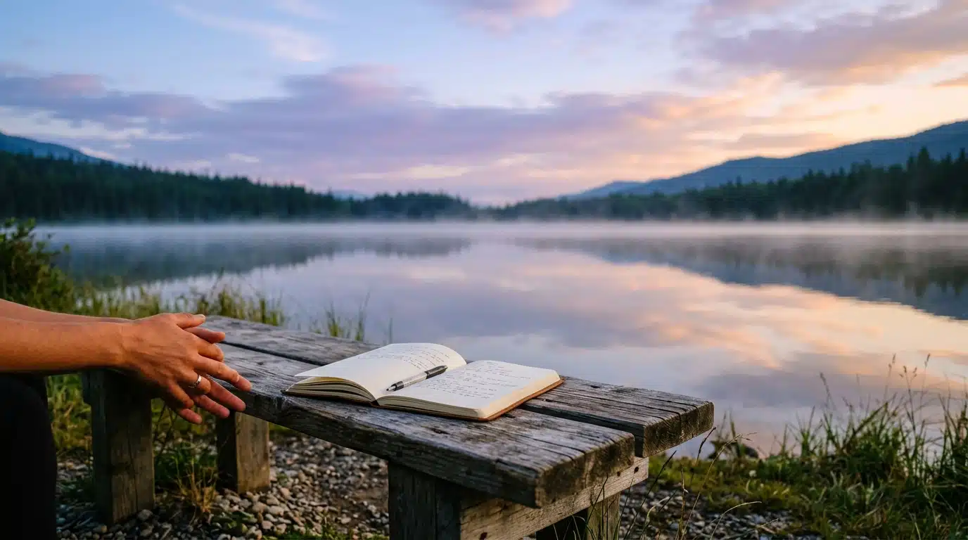 Banc vide face à un lac brumeux au crépuscule