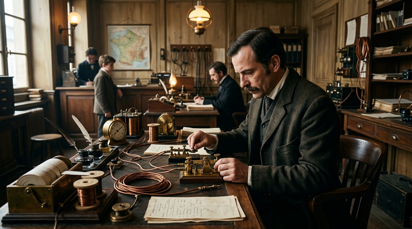 Bureau télégraphique français du XIXe siècle éclairé à la lampe