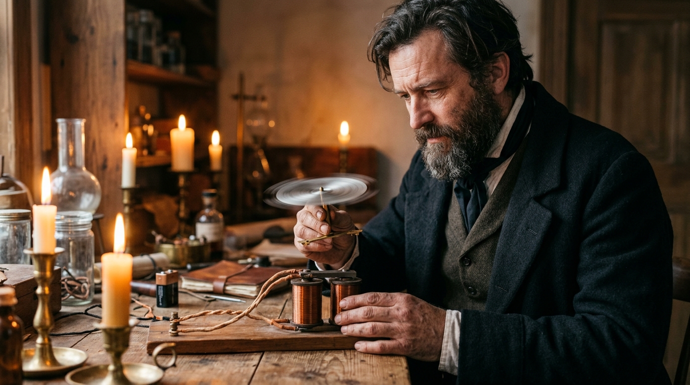 Inventeur de 1850 manipulant un disque vibrant relié à un électro-aimant