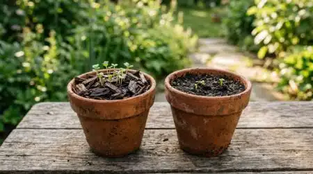 Deux pots de semis, broyat et terre témoin