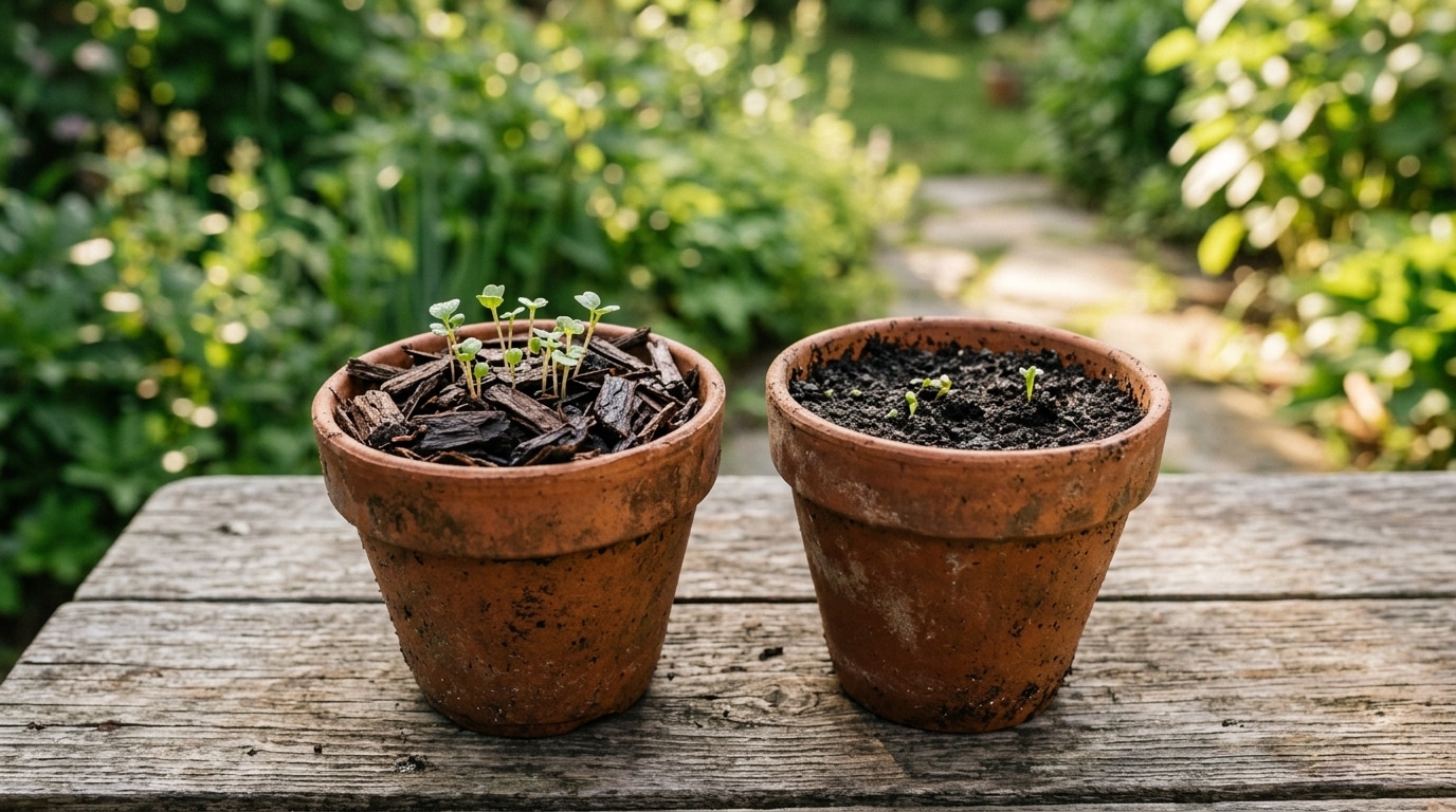 Deux pots de semis, broyat et terre témoin