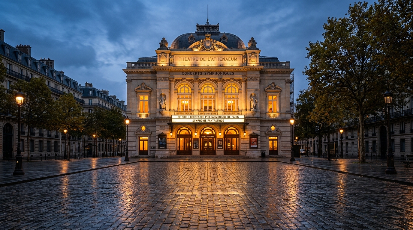 Façade illuminée d'une grande salle de concert parisienne au crépuscule