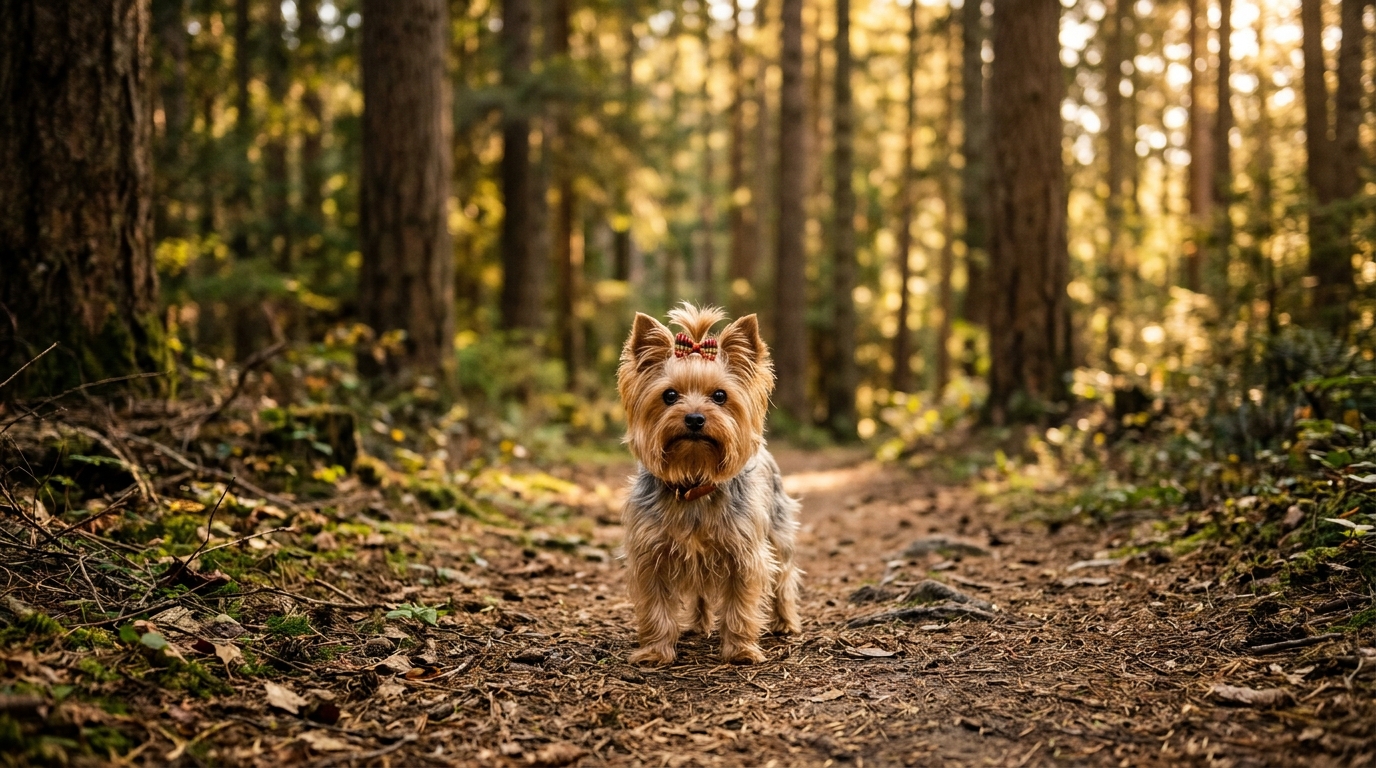 Yorkshire courageux sur un sentier forestier