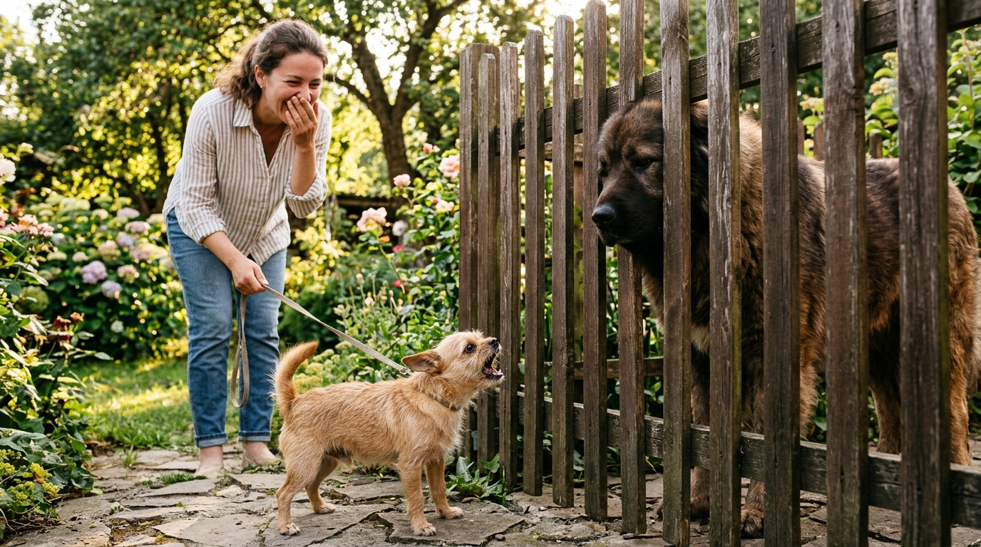 Chihuahua aboyant contre un gros chien
