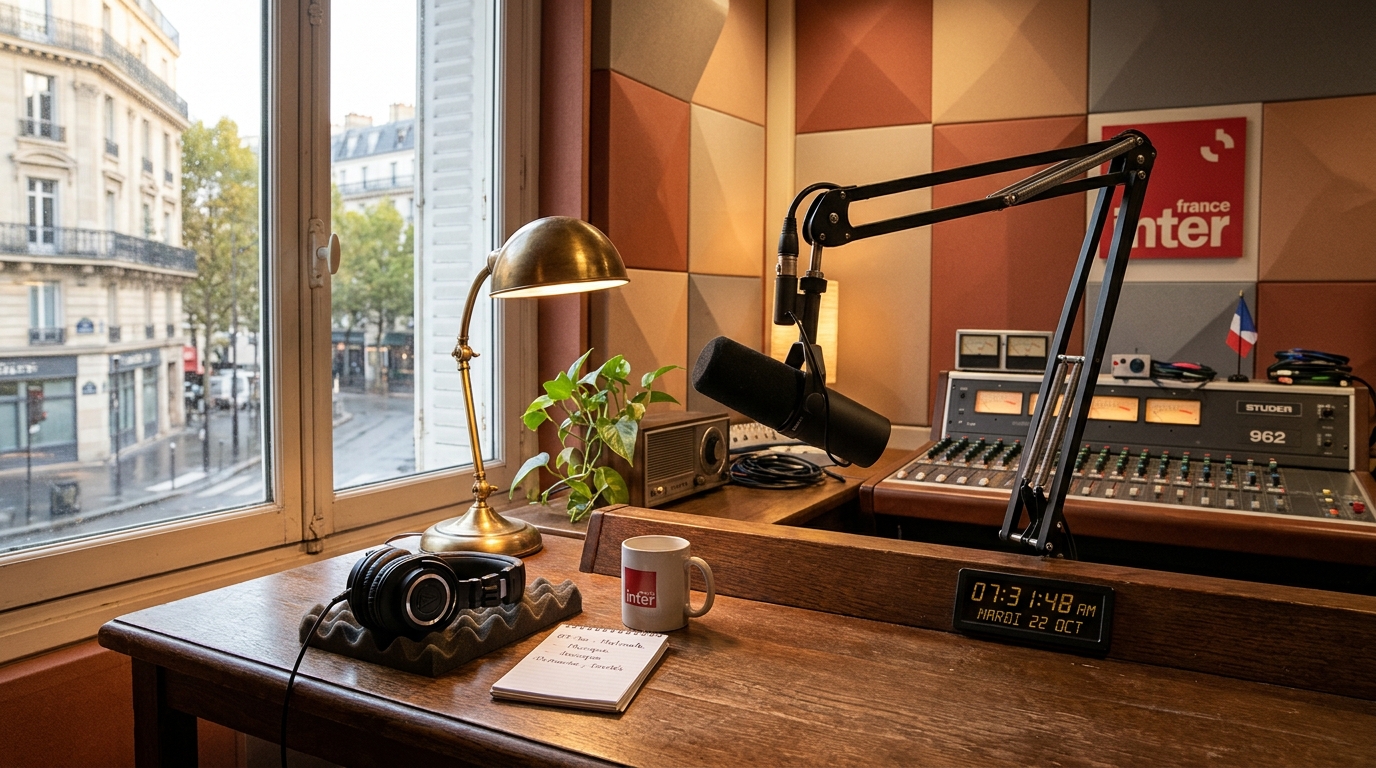 Studio radio chaleureux avec micro professionnel et casque, ambiance matinale