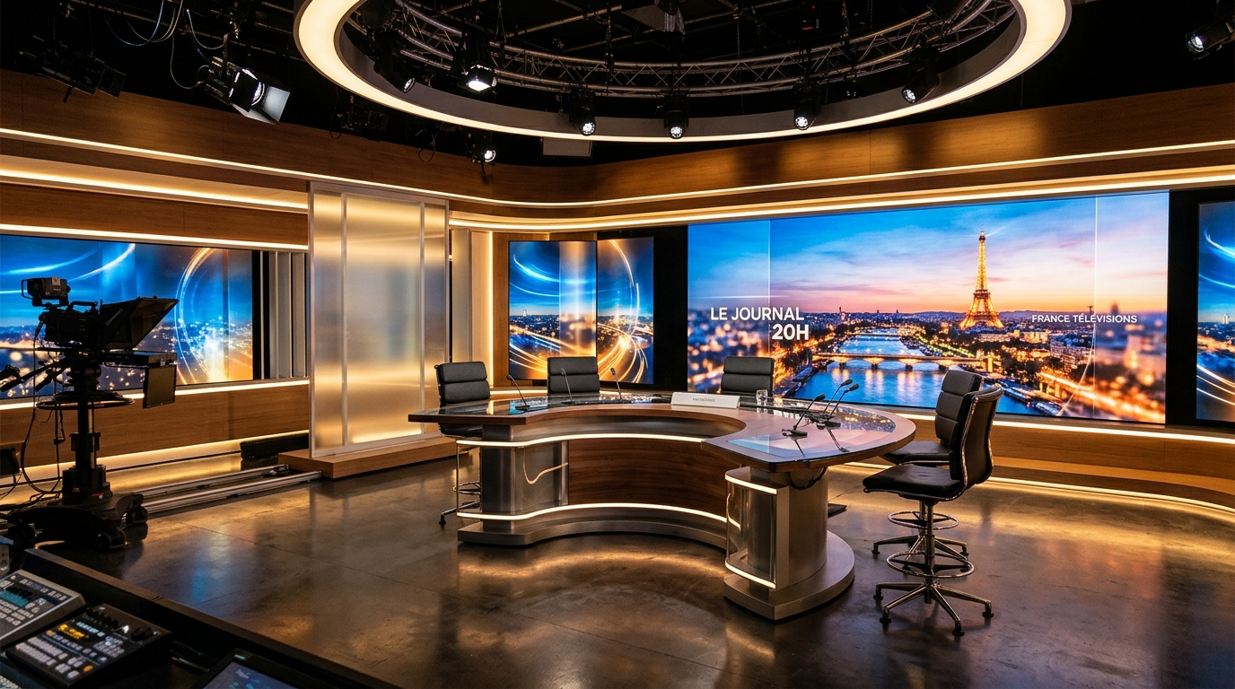 Plateau de journal télévisé en soirée avec grands écrans lumineux et pupitre vide