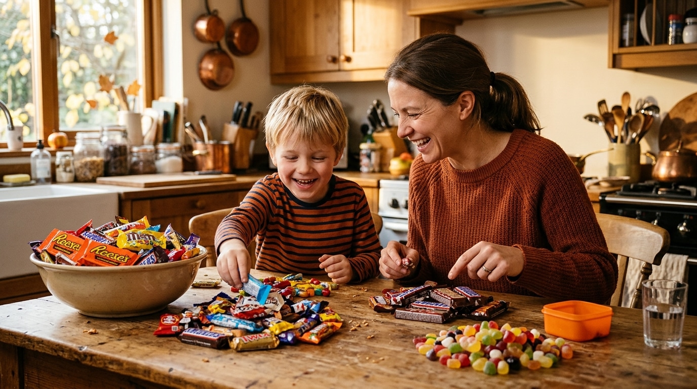 Mère et enfant triant les bonbons d'Halloween en cuisine