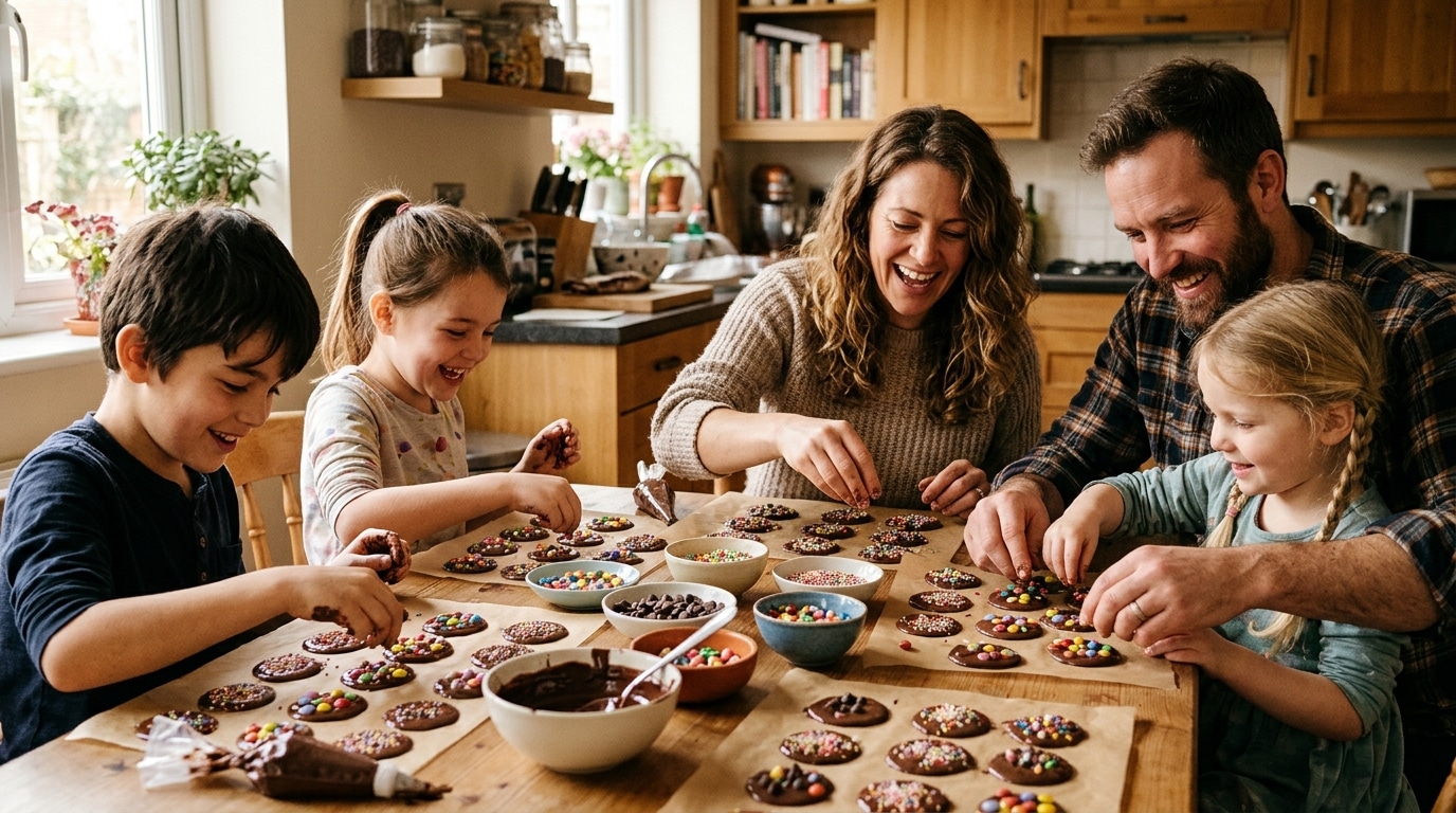 Famille décorant des mendiants au chocolat avec des bonbons