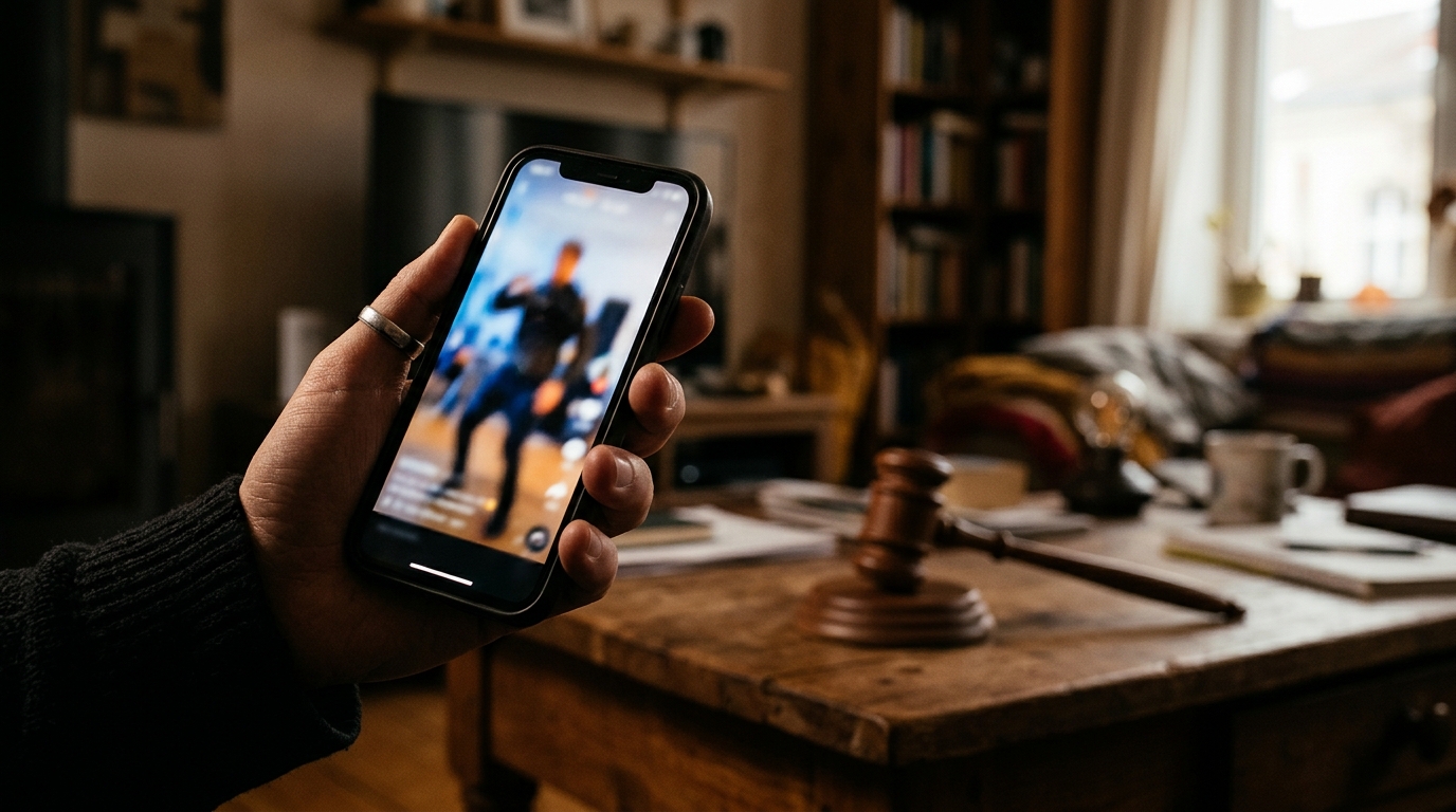 Main tenant un smartphone, maillet de juge flou