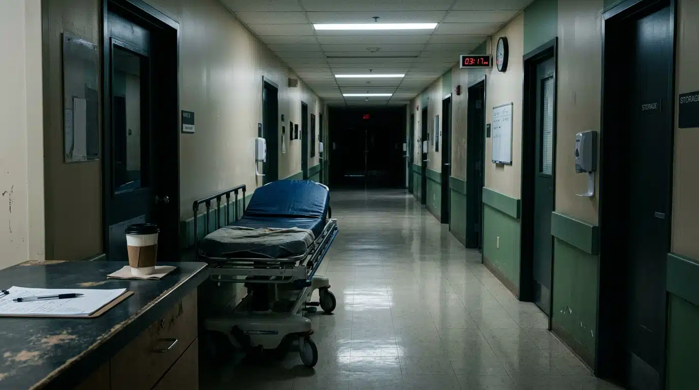 Couloir d'hôpital la nuit avec brancard et tasse de café