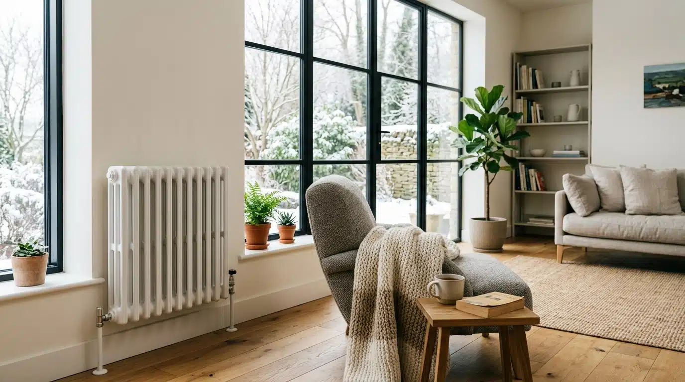 Radiateur blanc près d'une grande fenêtre dans un salon lumineux