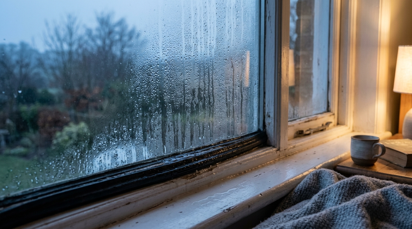 Gouttes de condensation sur le bas d'une vitre de chambre