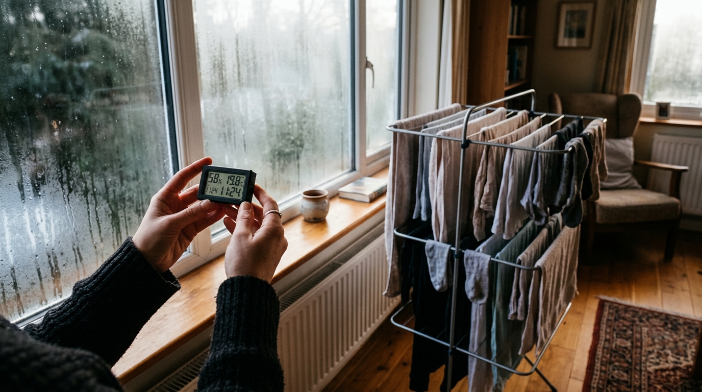 Linge sur étendoir près d'une fenêtre embuée