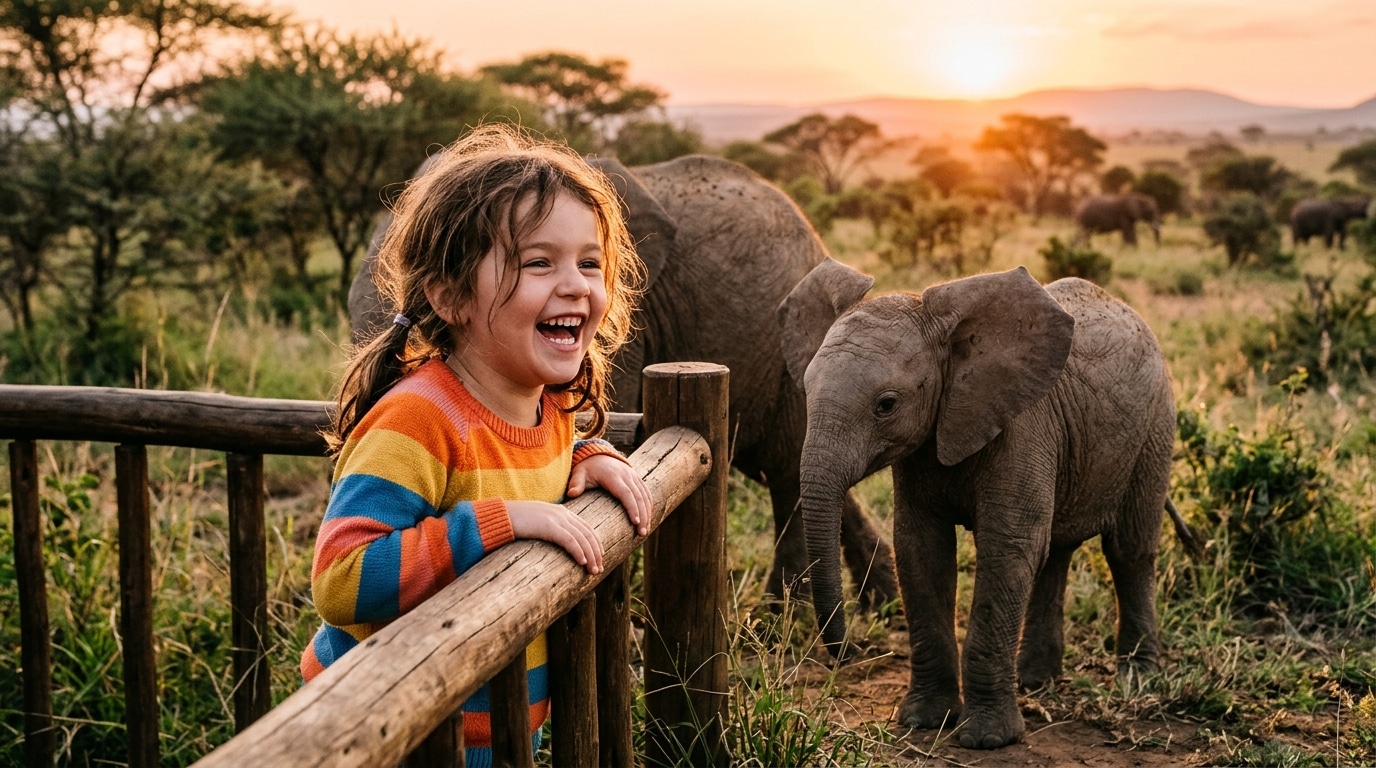 Enfant émerveillé devant un bébé éléphant