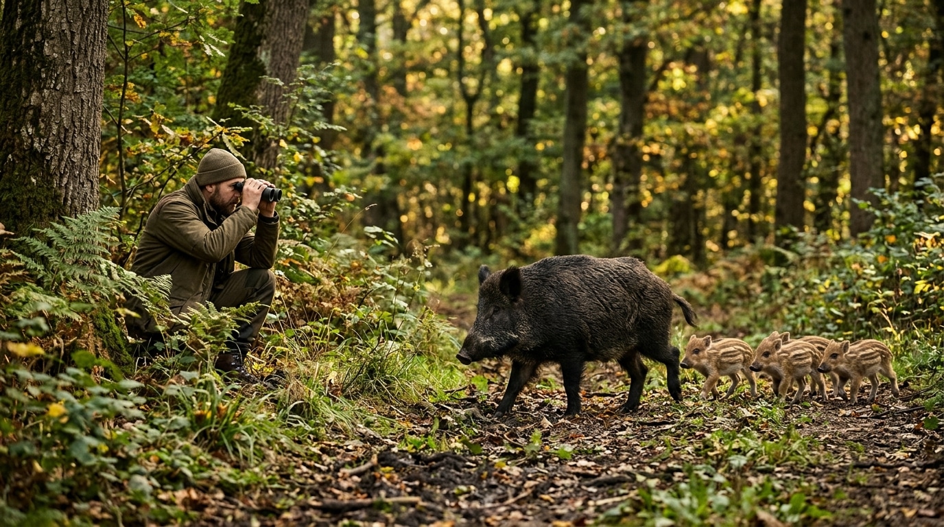 Marcassins rayés suivant leur mère en forêt