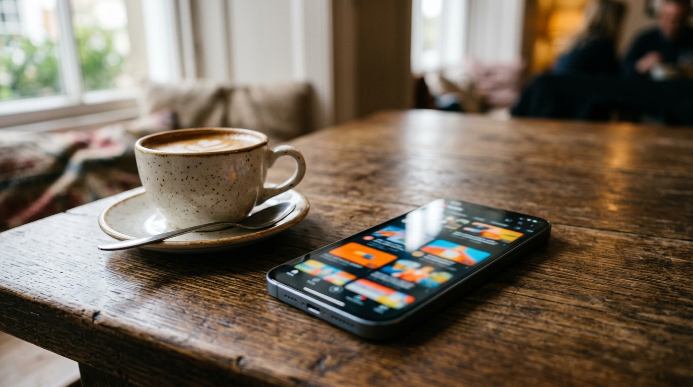 Smartphone posé sur une table en bois près d'un café