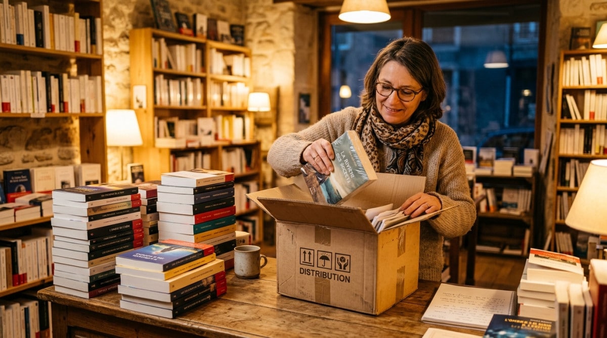 Libraire déballant des cartons de nouveaux romans