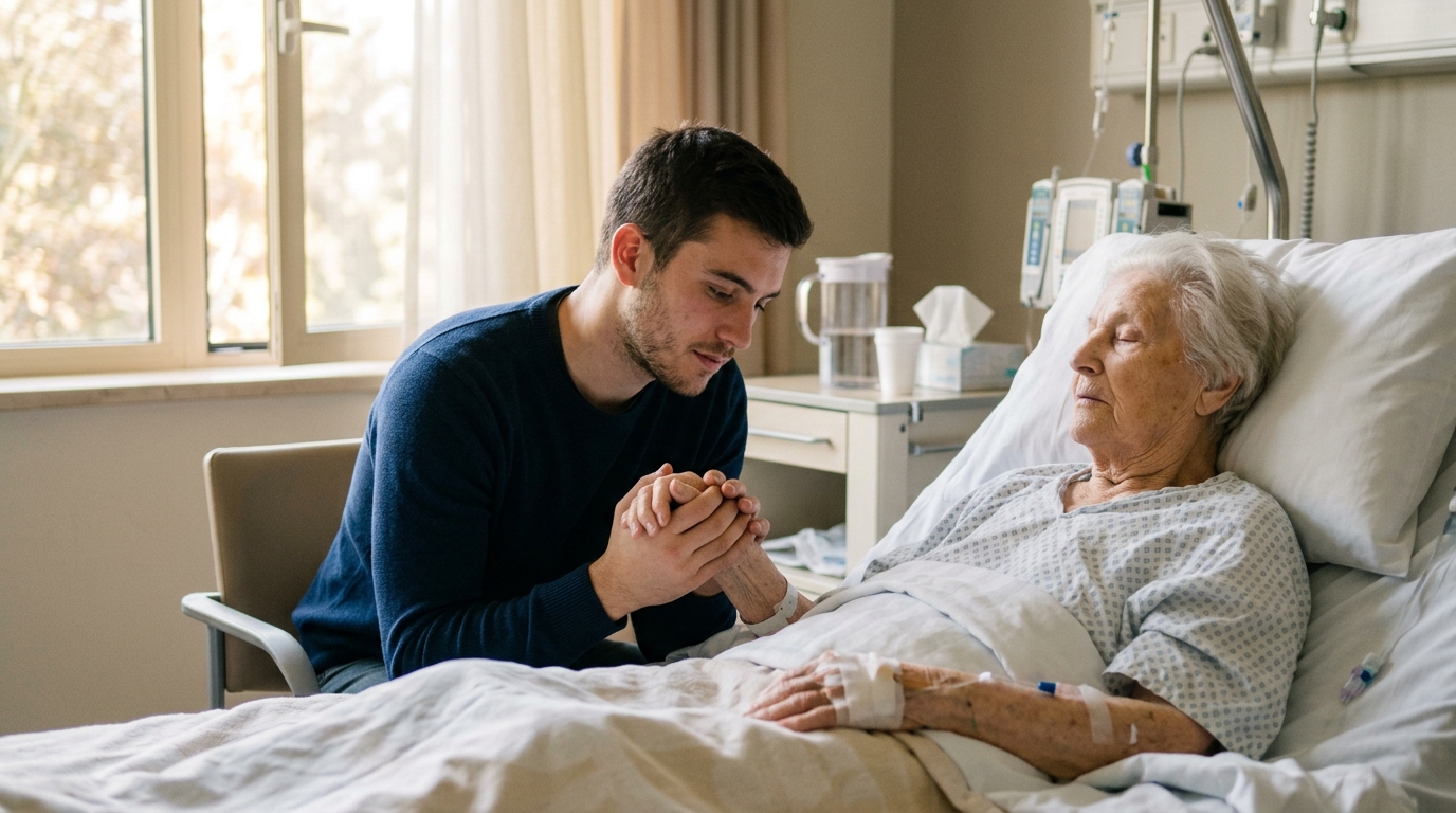 Jeune homme tenant la main de sa grand-mère mourante