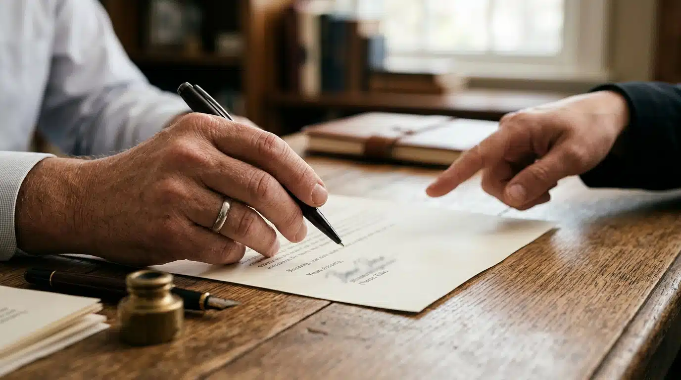 Main tenant un stylo au bas d'une lettre officielle