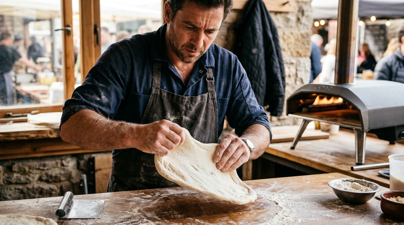 Mains pétrissant la pâte à pizza près d'un petit four portable