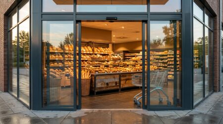 Portes vitrées de supermarché s'ouvrant au petit matin