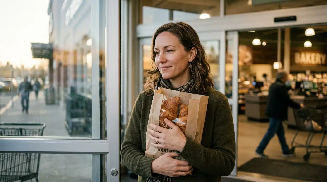Client souriant avec un sac de viennoiseries à l'entrée
