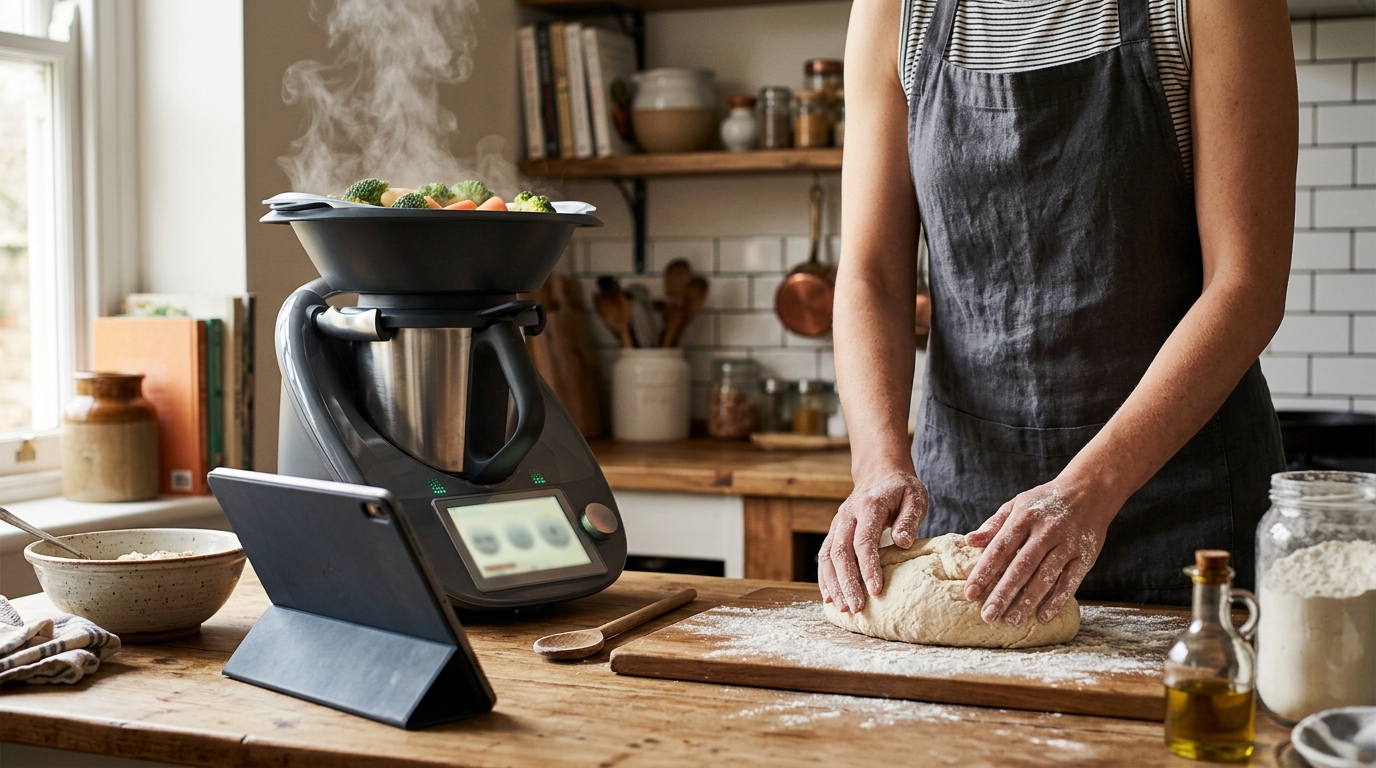 Mains pétrissant une pâte près d'un robot fumant