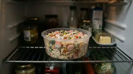 Bol de salade de pâtes au surimi dans un frigo