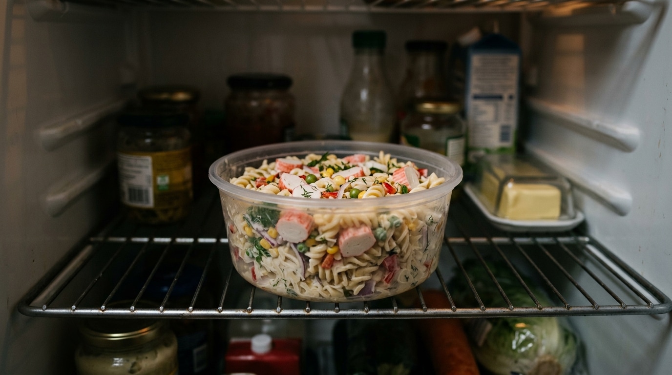 Bol de salade de pâtes au surimi dans un frigo