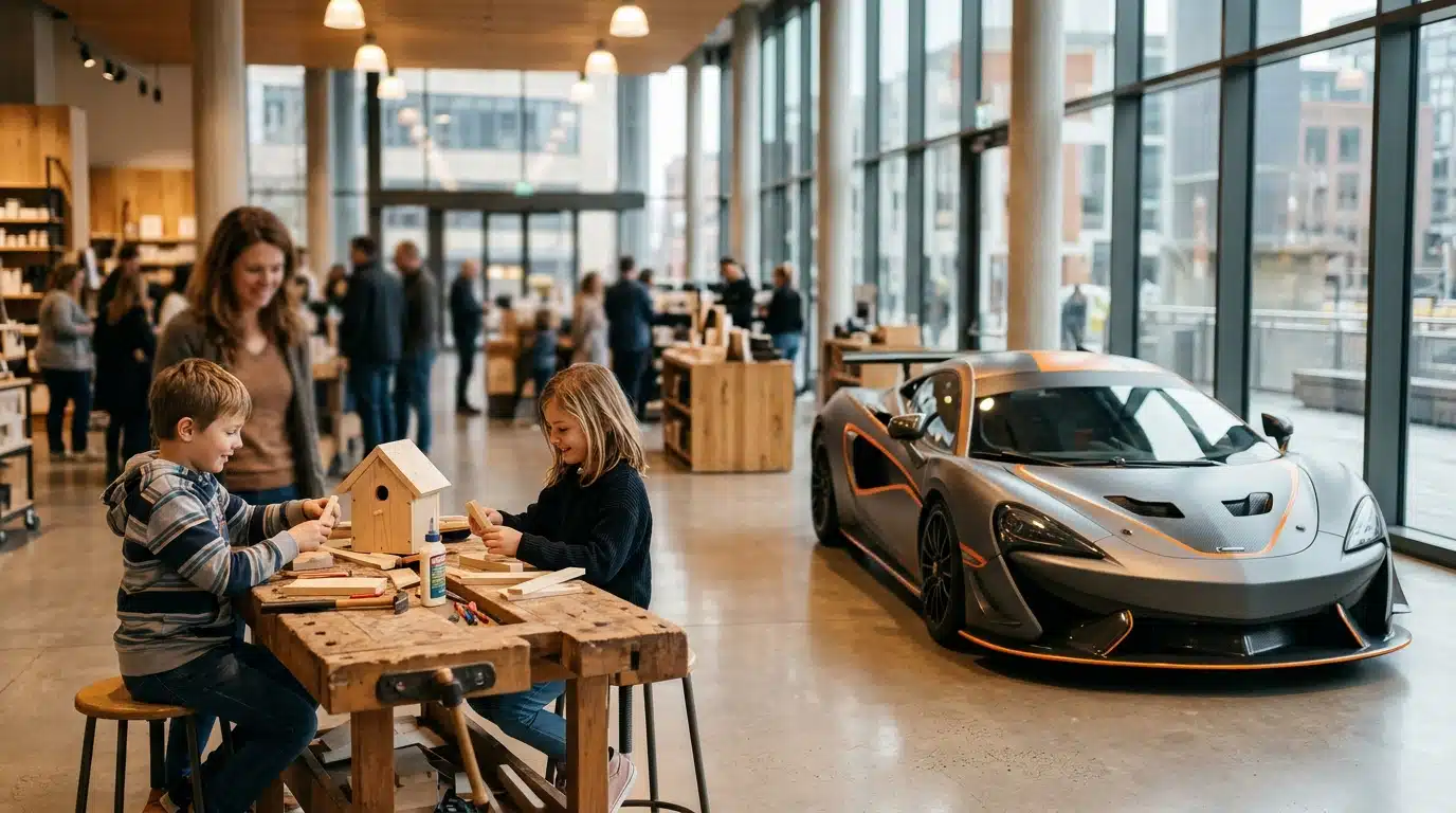 Voiture de course exposée près d'un atelier enfants