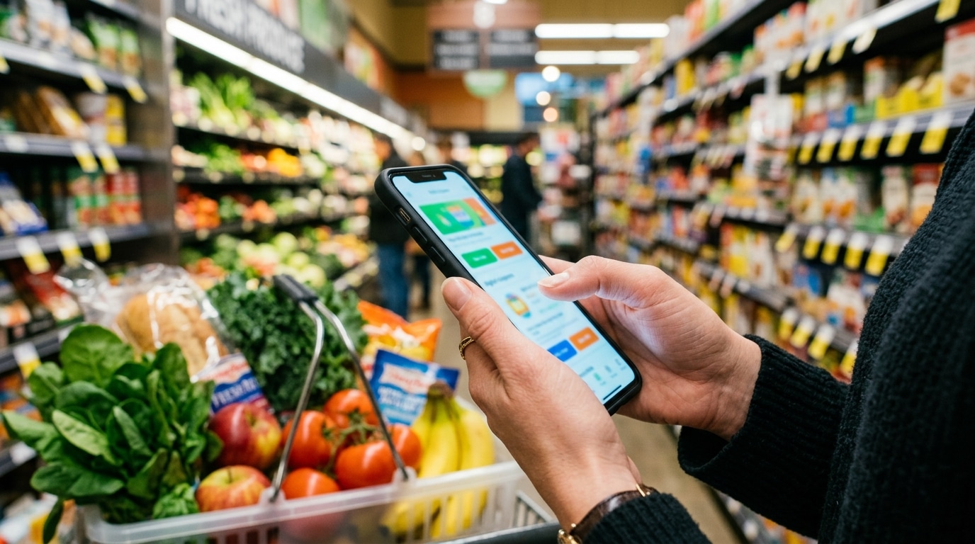 Pouce activant des coupons sur smartphone dans un rayon de supermarché